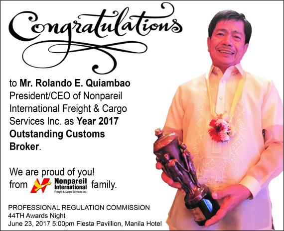 Nonpareil Awarded Most Outstanding Customs Broker 2017 by the PRC